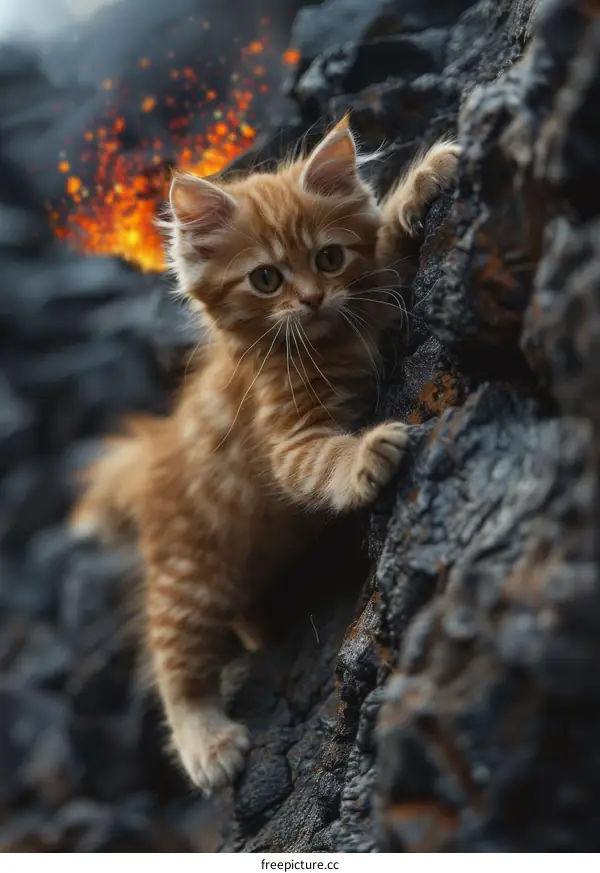 Orange Kitty Climbing a Rock by a Lava Lake