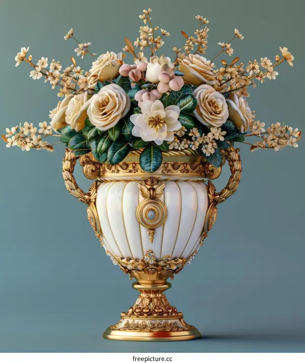 Elegant White and Gold Vase with Floral Arrangement