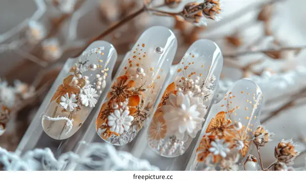 Close-up of a hand with a beautiful floral nail art design