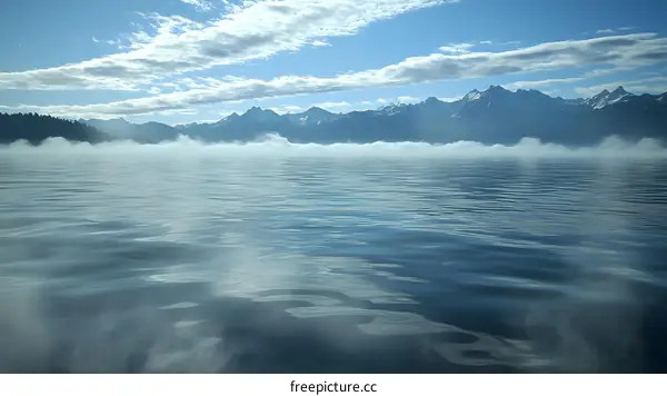 Misty Morning Landscape with Mountain Range and Calm Water