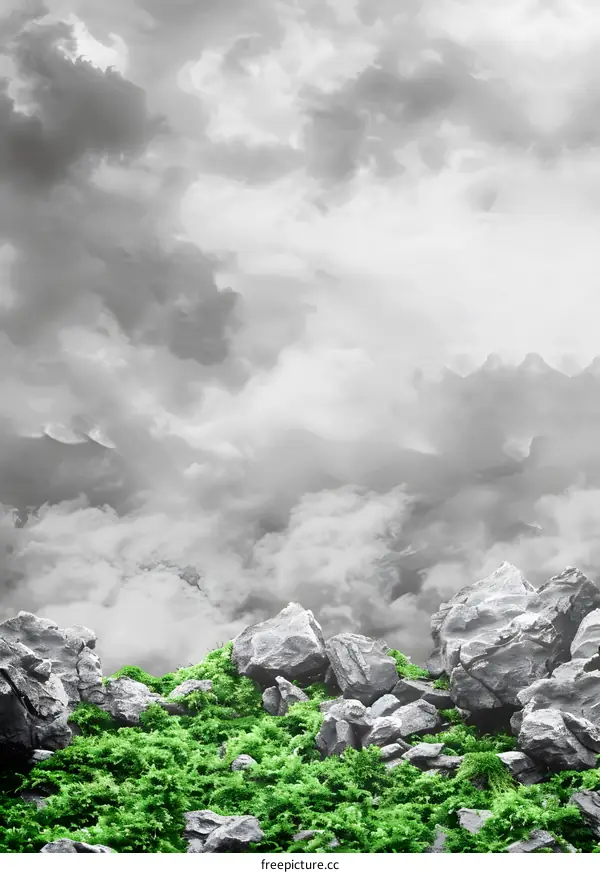 Green Moss and Gray Rocks with Cloudy Sky Background