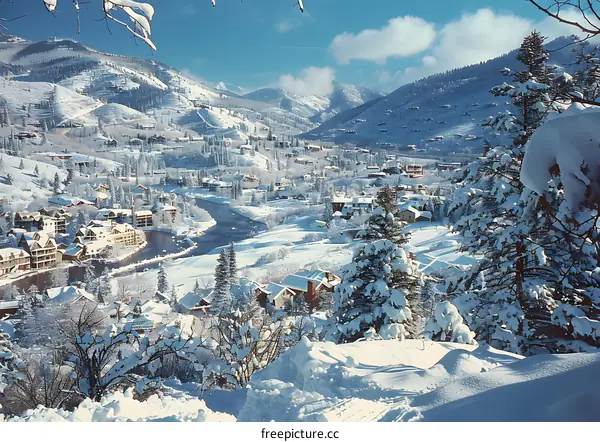 Snowy Mountain Village Landscape