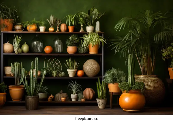 Lush Living Room with Green Wall and Plant Shelves