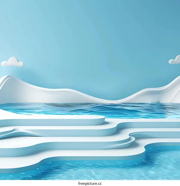 Abstract 3D Render Minimalist Summer Background with Blue Water and White Clouds