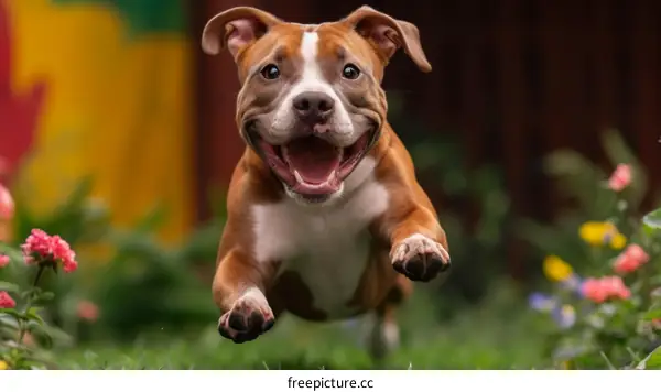 Playful Pit Bull Terrier Running in a Field of Flowers