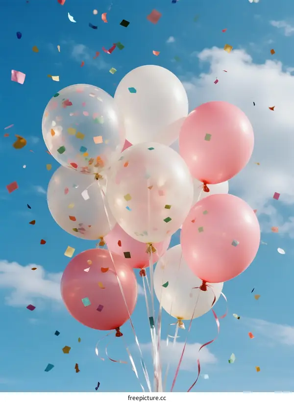 Colorful Balloons with Confetti Against Clear Blue Sky