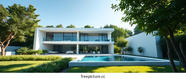 Modern White House with Swimming Pool in Green Garden