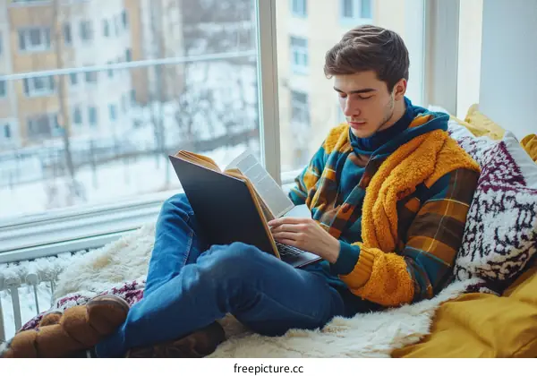 Young Man Reading Book by Window in Winter