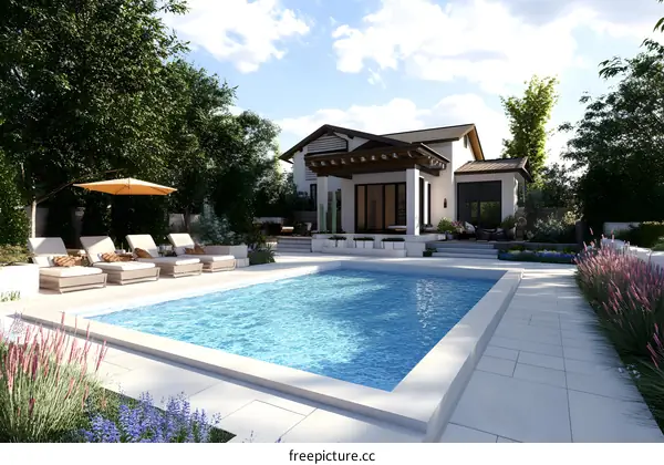 Modern Backyard Swimming Pool Design with Patio and Loungers