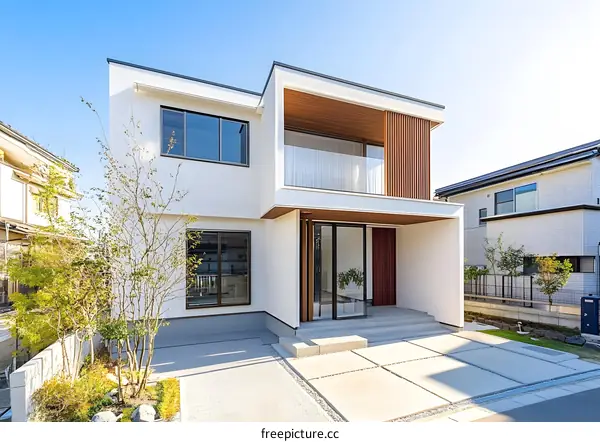 Modern White House with Wooden Accents and Glass Doors
