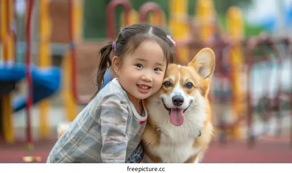 Asian toddler girl hugging a corgi dog at the playground