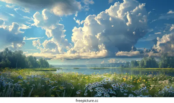 Summer Lake Landscape with Wildflowers