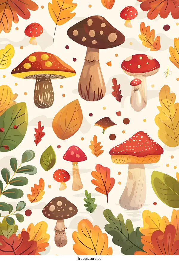 Autumn Leaves and Mushrooms Seamless Pattern Illustration