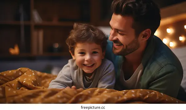 Happy father and son lying on bed together