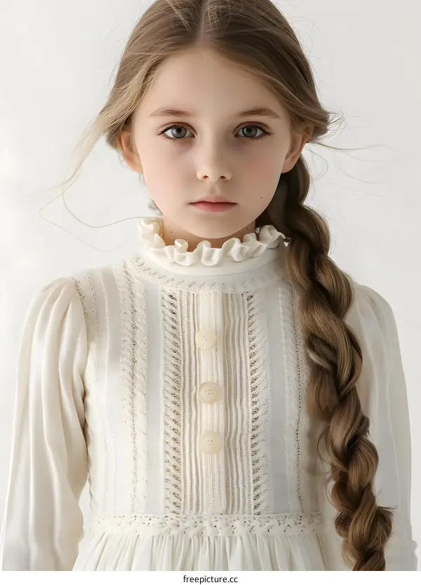 portrait of a girl with long blond hair wearing a white dress