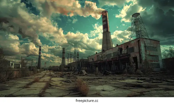 An abandoned power plant with a large brick smokestack and a blue sky in the background