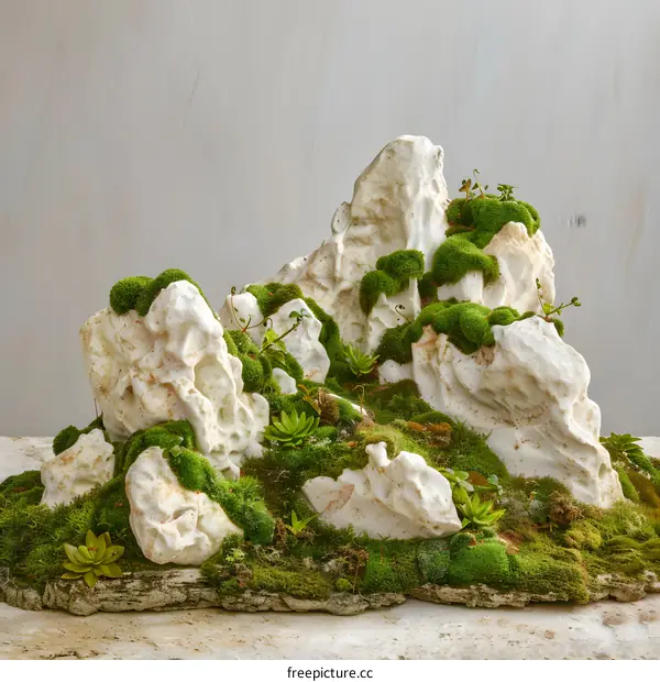 Miniature Rock Garden with Green Moss and Succulents