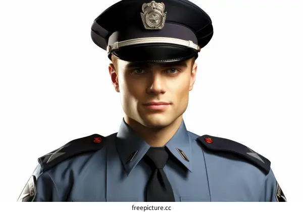 A police officer in uniform with a serious expression on his face