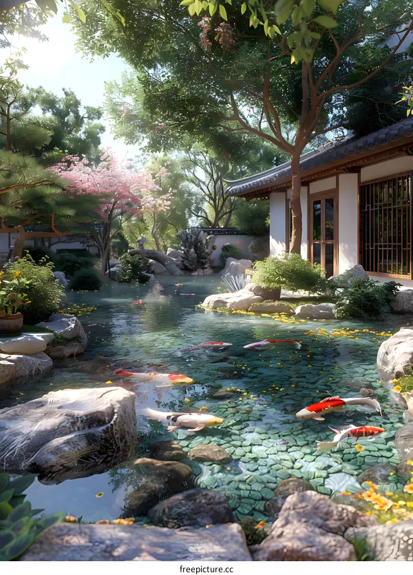 Japanese garden with koi pond