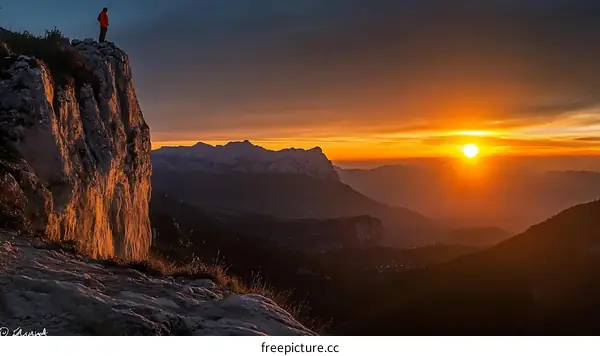 Sunrise over Mountain Peaks with Silhouette Figure