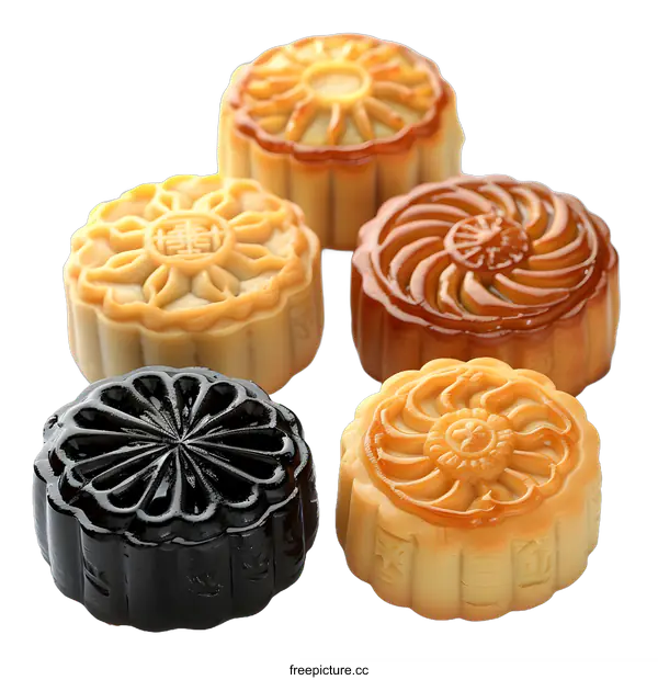 [Transparent Background PNG]Five mooncakes of different flavors
