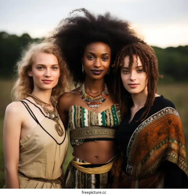Three young women of different ethnicities standing in a field