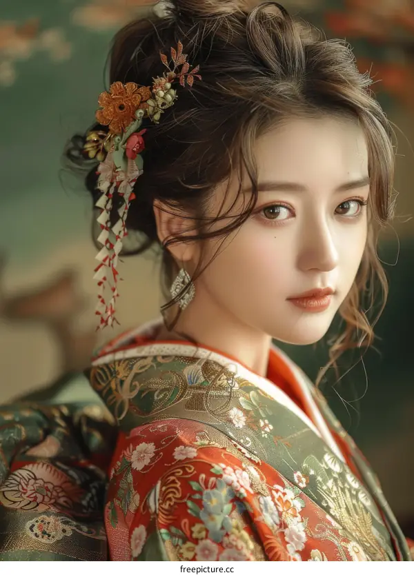 Portrait of a beautiful Asian woman in traditional Japanese kimono