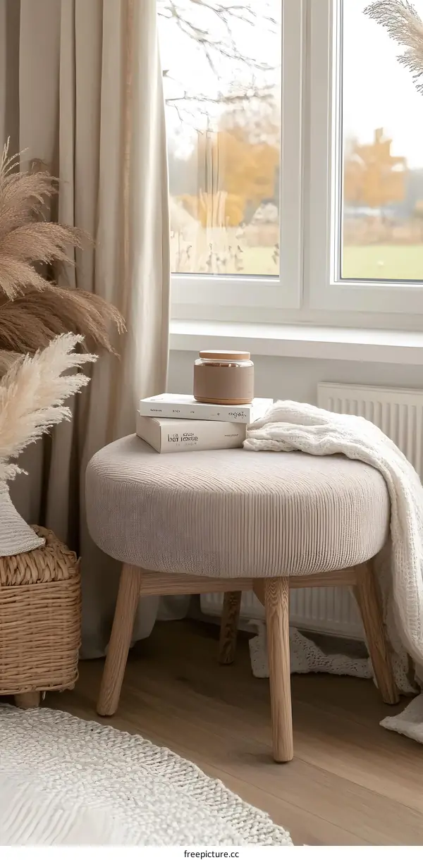 Modern Minimalist Living Room Decor with White Knit Blanket and Wooden Stool