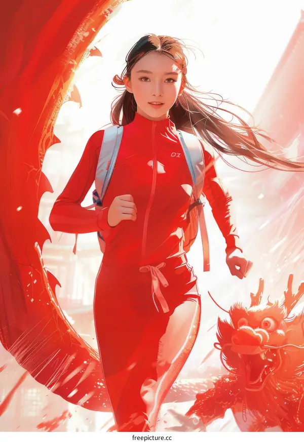 A young Chinese woman in a red tracksuit runs past a red dragon