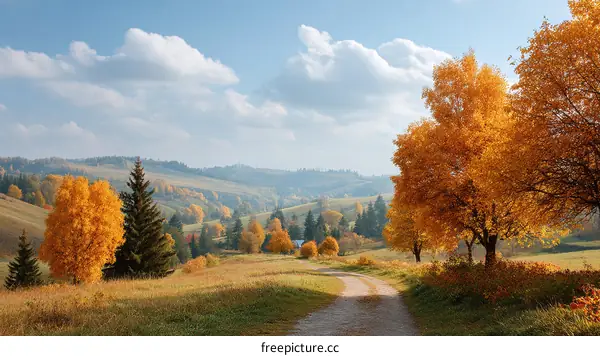 Autumnal Landscape with Golden Trees and Rolling Hills