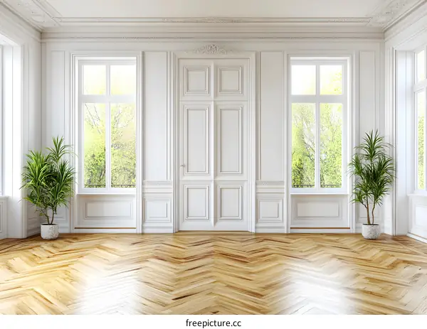 White Classic Interior Design With Wooden Floor