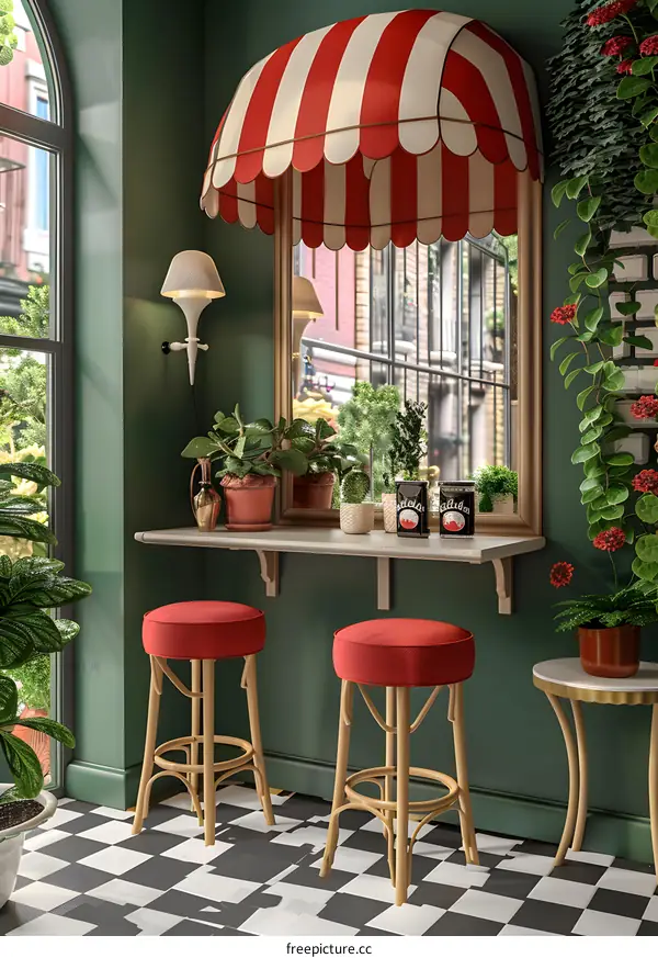 Red Striped Awning Over Window With Two Bar Stools