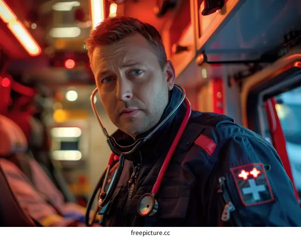 Portrait of a male paramedic in uniform with stethoscope around his neck
