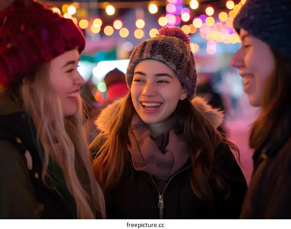 Three young women are talking and laughing at a Christmas market.
