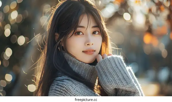 Young Asian Woman in Winter Outfit Looking at Camera
