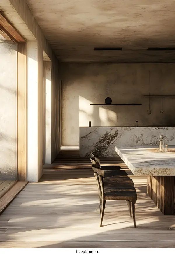 Modern Minimalist Interior Design With Marble Table and Wooden Chairs