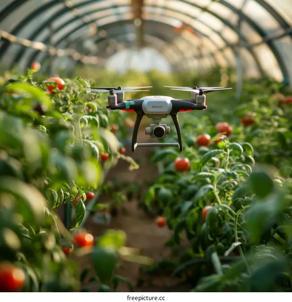 A drone flies over a greenhouse full of tomato plants