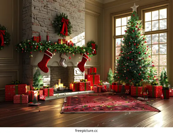 Christmas Tree in Living Room with Fireplace and Gifts