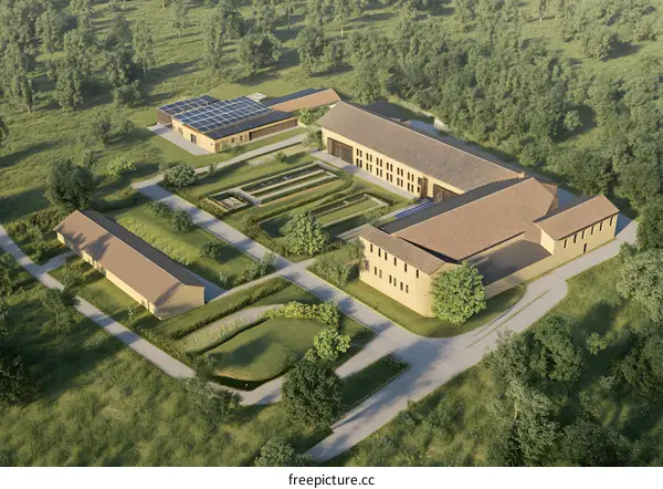 Aerial View of a Sustainable Farm Complex with Solar Panels and a Garden