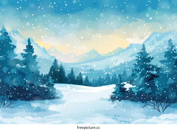 Snowy Mountains and Trees in Winter Landscape