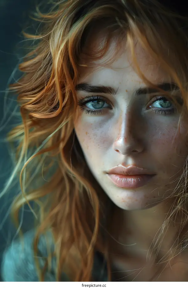 portrait of a young woman with long red hair and freckles