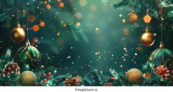Festive Christmas backdrop with green fir branches and golden ornaments