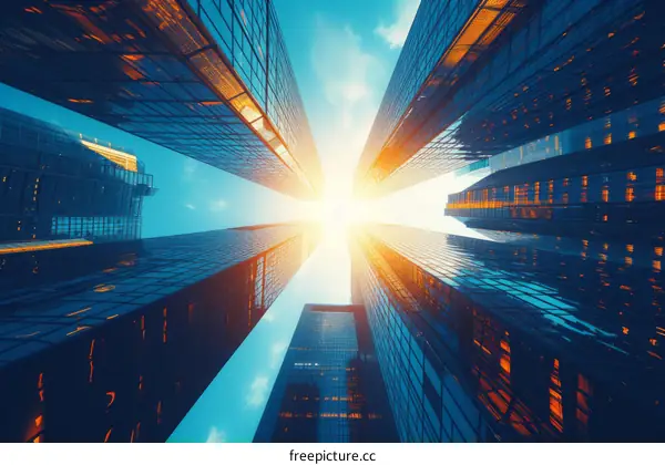 Looking up at a tall skyscraper made of glass and steel with the sun shining down