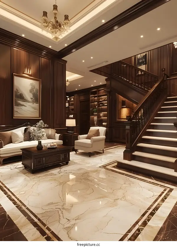 Luxury Living Room with White Sofa and Staircase