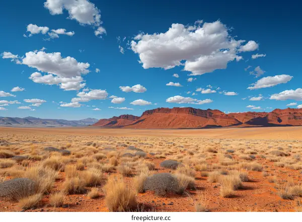 A vast desert landscape with rugged mountains in the distance