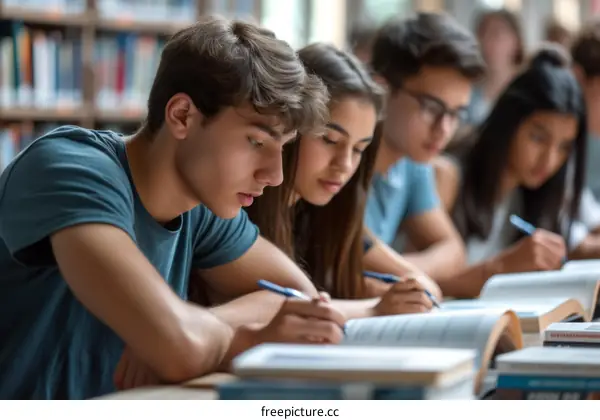 Focused multiethnic students studying together in library