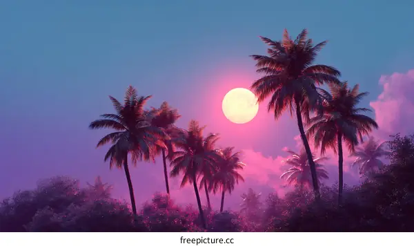 Vibrant Sunset Moonlit Palm Trees
