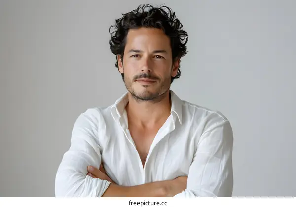 Portrait of a handsome young man with curly hair and beard wearing a white shirt