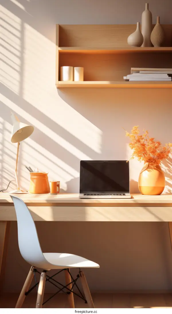 A desk with a laptop, a lamp, a vase of flowers, and a shelf on the wall