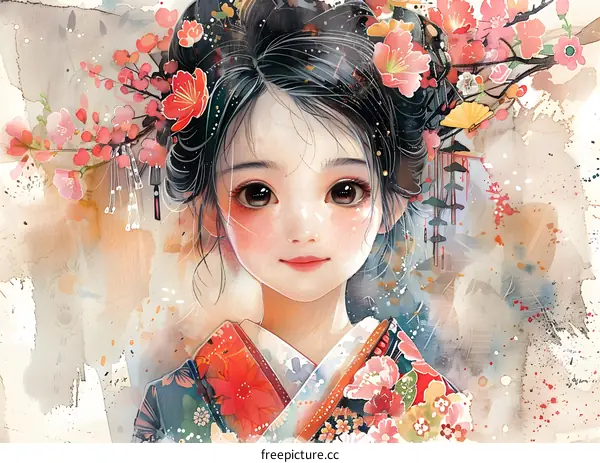 A beautiful Japanese girl in a kimono with cherry blossoms in her hair